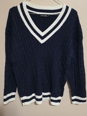 Navy V-Neck Cable Knit Sweater with White Stripe Trim